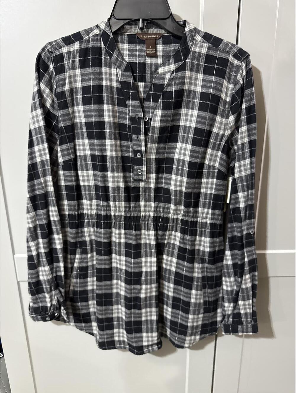 Bit & Bridle Plaid Tunic Blouse Women's Small Black Gray Cotton Long Sleeve Top